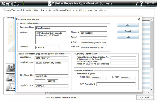 Shows the preview of recover data from QuickBooks files