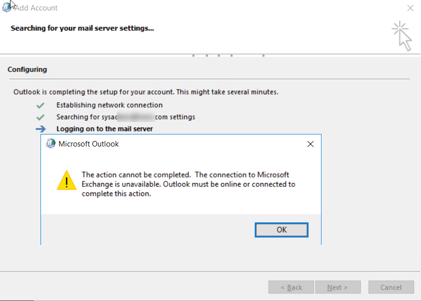 The connection to Microsoft Exchange Server is unavailable