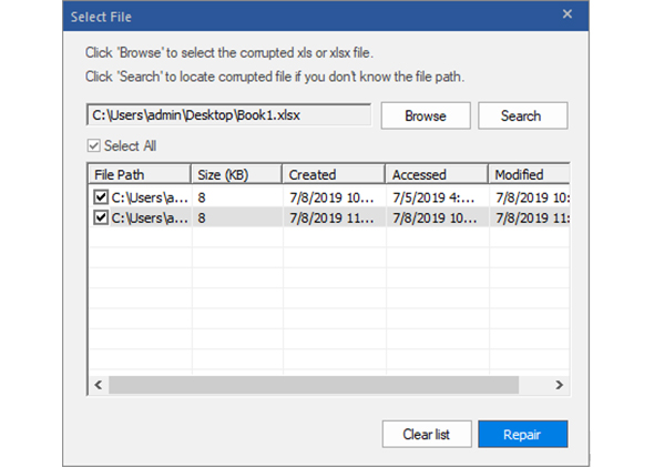 Select Excel file for recovery